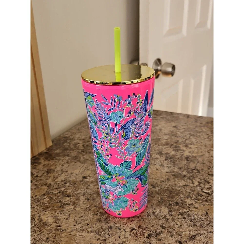 Lilly Pulitzer Tumbler With Straw Lil Earned Stripes Zebra Pink 24 oz. EUC